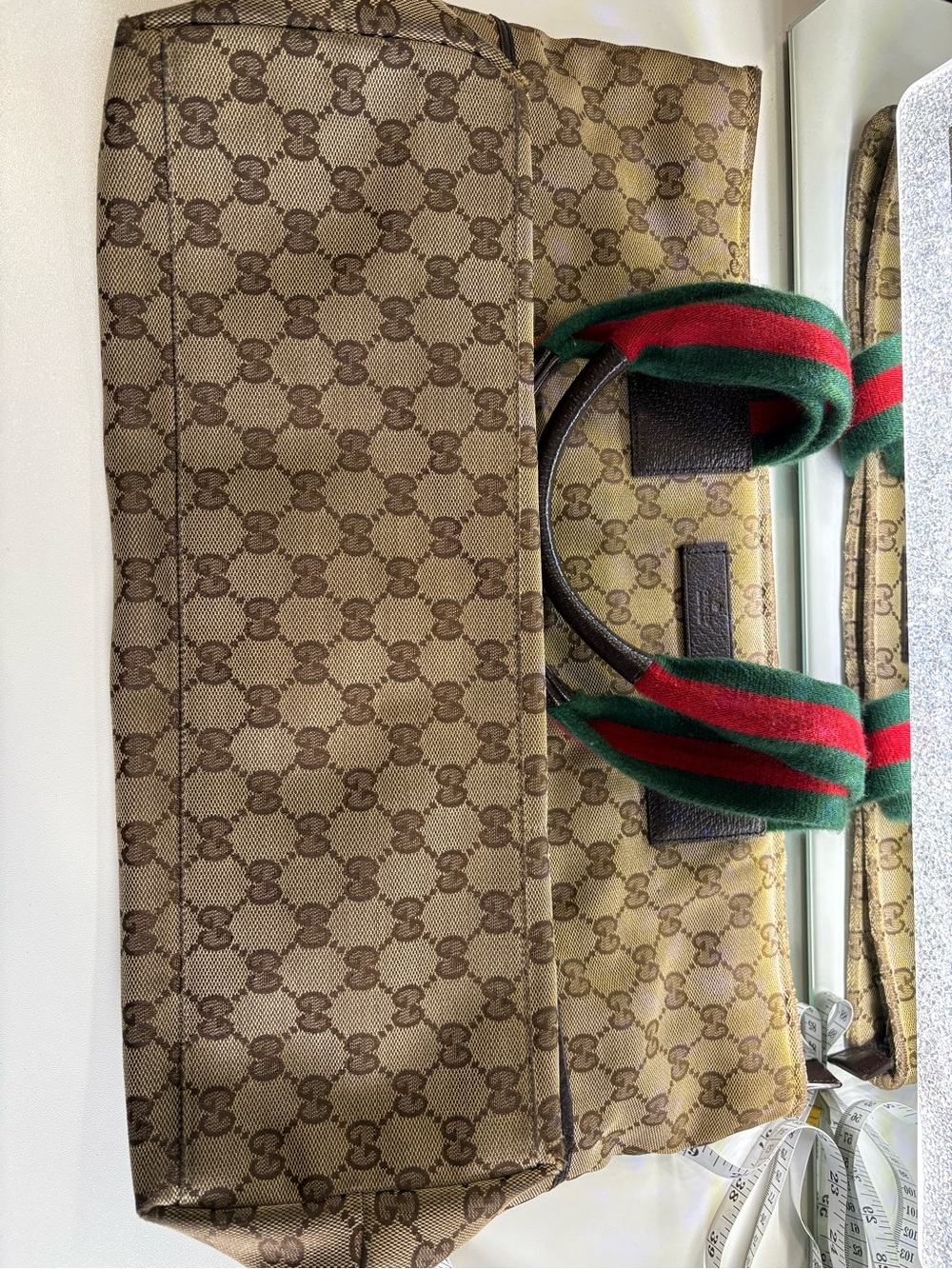 Gucci Beige GG Canvas Tote with Green and Red Web Handles - Picture 3 of 9